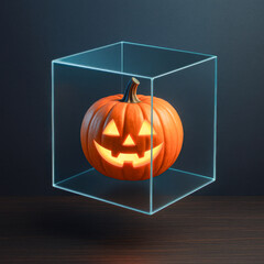 Glowing Pumpkin Encased in a Transparent Glass Cube Display