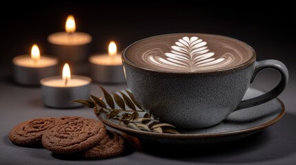Fototapeta premium Warm beverage with latte art, cookies, and lit candles create cozy ambiance.