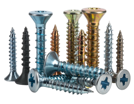A close-up shot of a group of different colored metal screws, some lying down, arranged against a black background