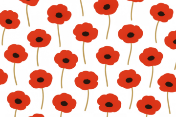 Red poppy flowers forming a repeating pattern on a transparent background, symbolizing remembrance and sacrifice