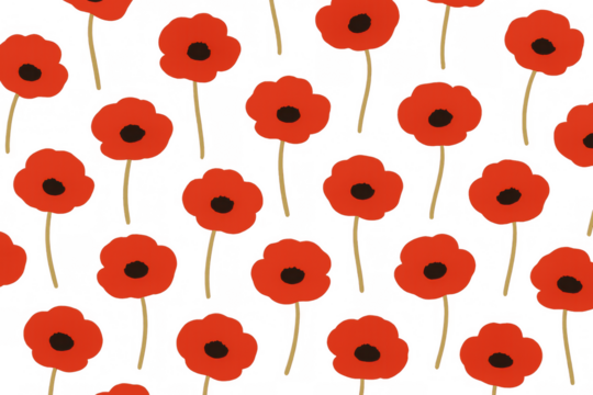 Red poppy flowers forming a repeating pattern on a transparent background, symbolizing remembrance and sacrifice