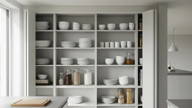 A white kitchen cabinet displays organized dishes and jars, minimalist design