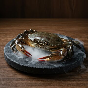 Live mud crab on black stone plate with smoke effect, gourmet seafood presentation, luxury culinary concept, fine dining ingredient, restaurant plating, premium fresh shellfish for chefs
