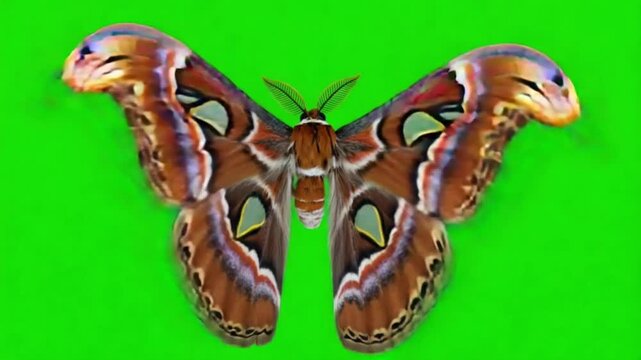 Isolated atlas moth with brown and blue wing pattern on a vibrant green screen background view butterfly green screen video
