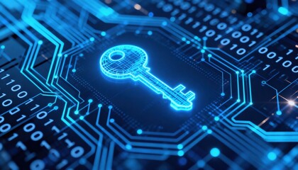 Cybersecurity Key: A glowing digital key superimposed on an intricate circuit board, symbolizing security, encryption, and the protection of data in a digital world. 