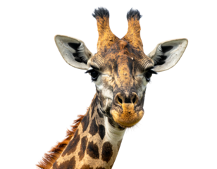 Giraffe portrait against dark background. Its brown spots are clearly visible in sharp focus on neck and face