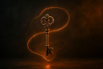 Golden Key Floating with Swirling Magical Light
