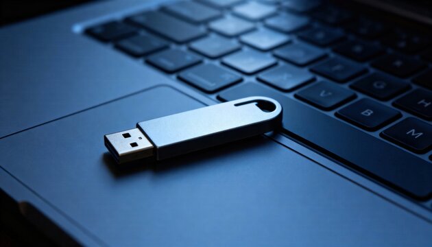 Data Storage and Technology: A close-up view captures a sleek USB flash drive resting on a laptop's touchpad and keyboard, representing the synergy of modern technology.