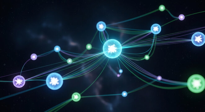 Abstract network of glowing nodes and connecting lines against a dark starry background, representing connections and data flow