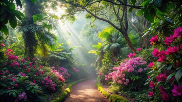Dense foliage of tropical trees with vibrant pink flowers and sunlit pathway in misty forest surroundings, forest, pink,  forest, pink