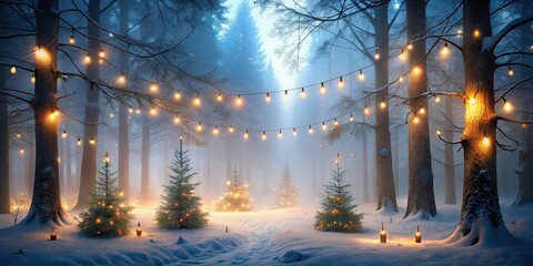 Naklejka premium Winter forest scene at dusk with twinkling lights and foggy atmosphere, festive, forest, festive, forest, cozy, twinkling