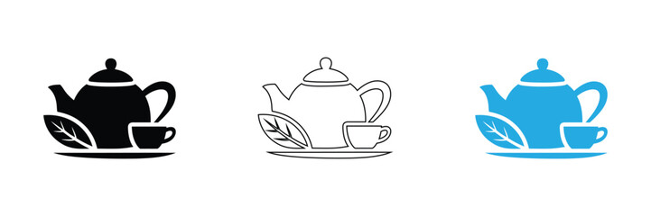 Elegant teapot with fresh leaf and cup icon for beverage branding,Coffee icon in flat version on black and white background.editable stroke