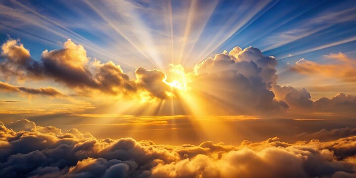 Soft golden light seeps through wispy white clouds forming a stunning beam of illumination on the landscape, sunlight, daylight filtering