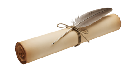 Aged parchment scroll tied with twine and a quill pen with silver nib isolated on a transparent background