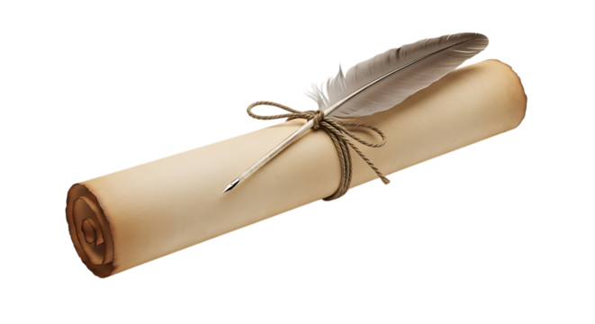 Aged parchment scroll tied with twine and a quill pen with silver nib isolated on a transparent background