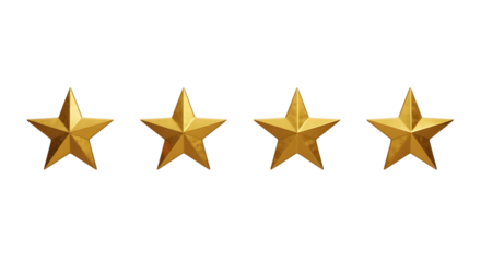 Four golden five-pointed stars arranged in a horizontal line isolated on a transparent background rating