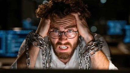 A man with glasses, beard, and chains on wrists, eyes wide, head in hands, in a dark office