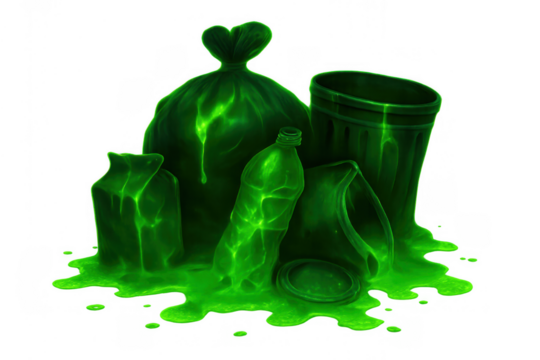 Toxic waste spilling, glowing green slime covering trash, garbage bag, plastic bottle, and bin, pollution concept