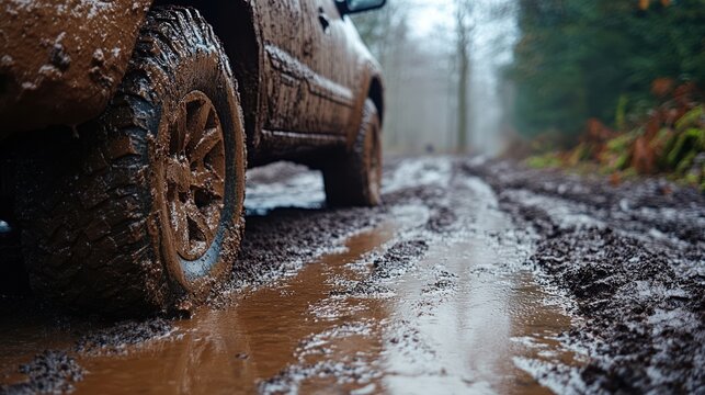 Muddy SUV driving on forest trail