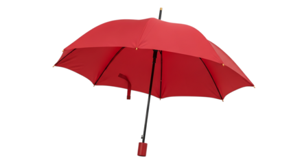 Bright red umbrella with black metal pole and red handle cover isolated on a transparent background rain