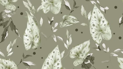 Gordijnen Bladeren Botanical seamless pattern featuring watercolor-style greenish-grey Caladium and long leaves on a olive-green background  © momosama