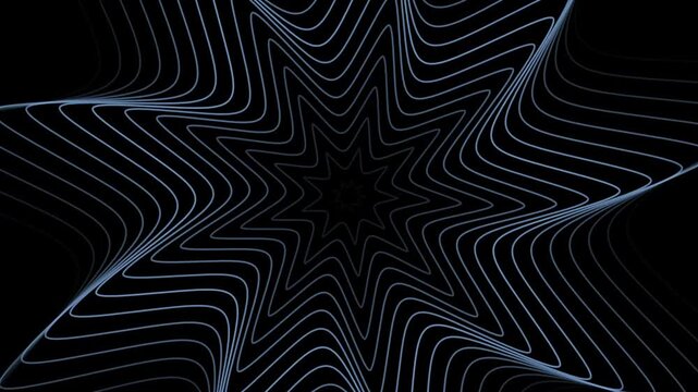 Animated starburst pattern in shades of blue with abstract curving lines on black background