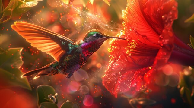 Hummingbird feeding on a vibrant red hibiscus flower in a lush garden. - Powered by Adobe