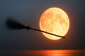 Halloween Night with Broom Floating Before Full Moon