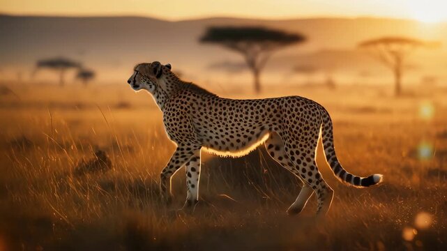 Cinematic shot of a cheetah standing tall in golden savanna grass at sunrise