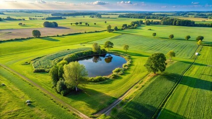 Aerial view of a vast green grass field with few trees and a small pond in the distance
