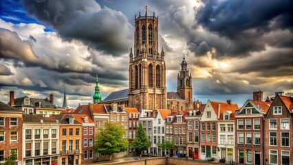 Old town Utrecht with Dom Tower under cloudy skies, old town, utrecht netherlands,  old town