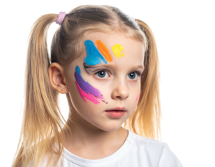 Girl with face paint colorful streaks across her forehead and cheek, looking up thoughtfully