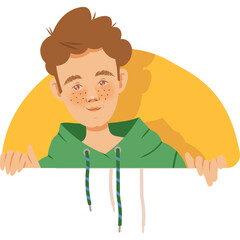 Young Boy with Freckles Wearing a Green Hoodie Peeking Over a White Surface with a Yellow Circle in the Background