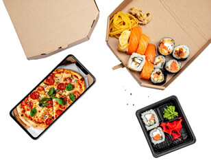 Food delivery pizza on phone, sushi, noodles in open boxes on black. Shot from above, with space around