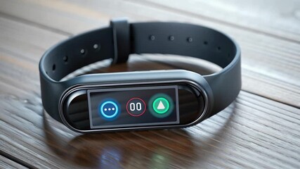 Smart fitness tracker on a wooden surface with touch screen interface. - Powered by Adobe