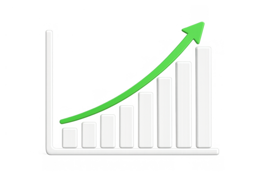 Bar chart showing business growth and financial success, green arrow indicating increasing data and market progress
