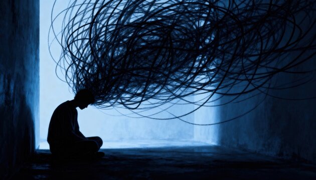 Inner Turmoil: A silhouette of a figure sits in solitude, the darkness and tangled mass above symbolizing the weight of anxiety, depression, or emotional struggles, rendered in cool tones.