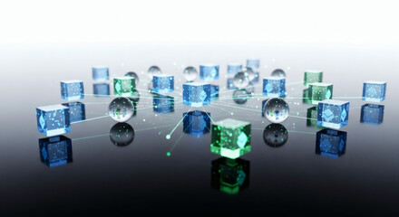 A futuristic network of interconnected glowing cubes and spheres, symbolizing a decentralized digital system for data and technology