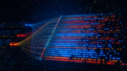 Fototapete Rund Musik Big data binary code flow with vibrant colors visualizing machine learning, Quantum computing, Digital data networks, and data processing in a digital environment. 3d rendering  © KanawatTH