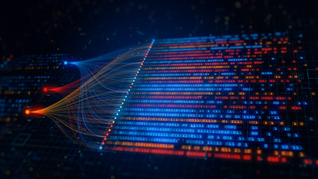 Big data binary code flow with vibrant colors visualizing machine learning, Quantum computing, Digital data networks, and data processing in a digital environment. 3d rendering