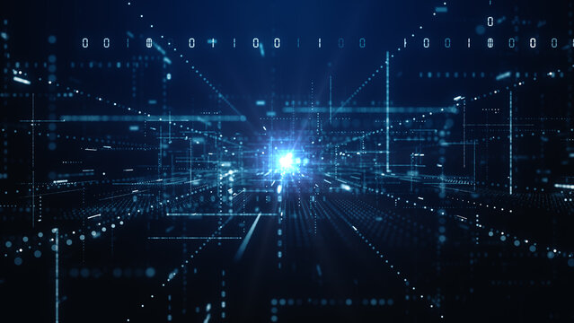 Abstract futuristic digital data network with glowing blue light and virtual grid, perfect for tech, AI, and cybersecurity themes. Technology digital data background 3d rendering