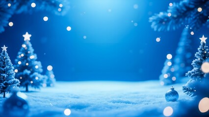 Peaceful winter landscape with illuminated Christmas trees in the snow under a glowing blue light. Festive holiday atmosphere with sparkle bokeh and serene cold tones, perfect for Christmas designs 