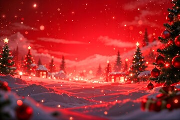 Festive Christmas landscape with glowing red sky, decorated Christmas trees, and a snowy village illuminated with warm lights. Magical winter scene filled with celebration and holiday spirit
