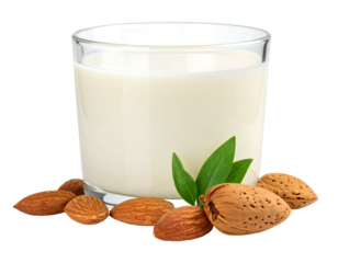Glass of white almond milk encircled by several almonds & small green leaves isolated against a black background