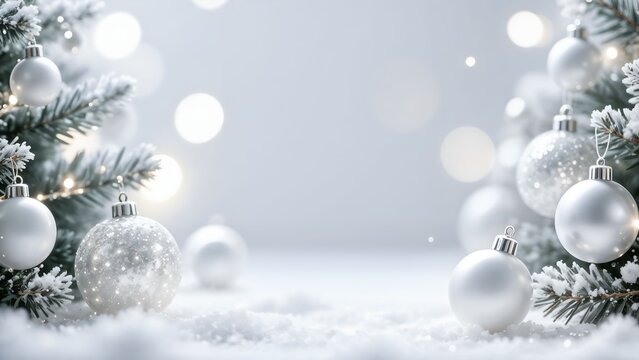 Minimalist winter holiday background with silver and white ornaments hanging on a snowy Christmas tree. Elegant festive decoration with soft lights for greeting cards or seasonal designs 