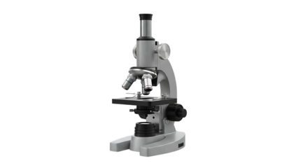 Scientific compound microscope with dual eyepieces and adjustable stage isolated on a transparent background
