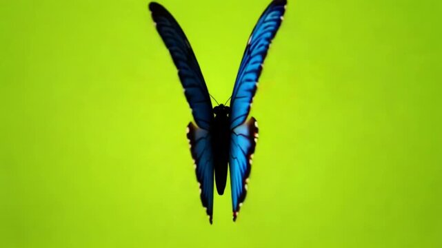 Close up of a blue morpho butterfly with open wings on a green background studio shot image butterfly green screen video