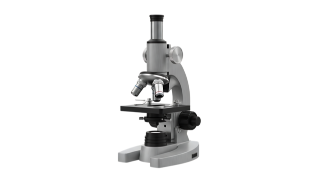 Scientific compound microscope with dual eyepieces and adjustable stage isolated on a transparent background