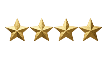 Four textured golden star shapes arranged in a horizontal line isolated on a transparent background metallic