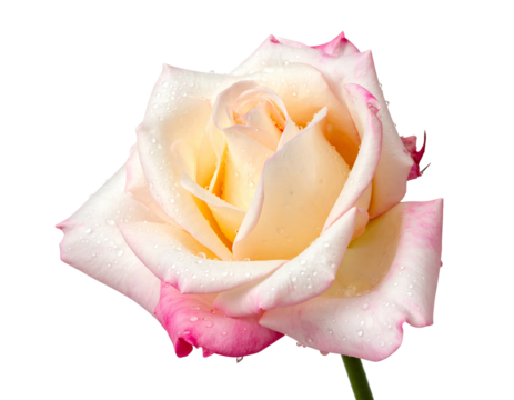 Delicate rose with pink tips and soft yellow heart, glistening with dewdrops against a solid black background